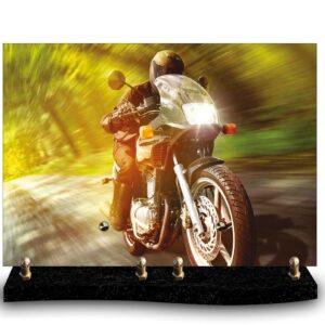 Plaque funéraire personnalisée avec photo d'un motard en pleine vitesse sur une moto de route carénée. Hommage dynamique à la passion moto et à la liberté