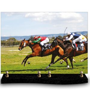 Plaque funéraire personnalisée avec photo de course de chevaux : deux jockeys en pleine action sur le champ de course. Hommage au turf, à l'équitation et à la passion hippique